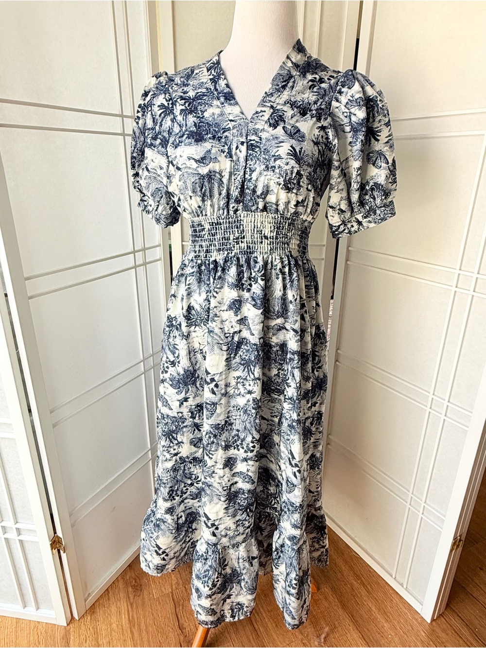 Blue Toile Print Puff-Sleeve Midi Dress - Unbranded